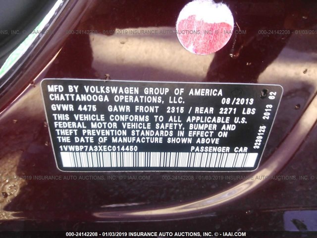 1VWBP7A3XEC014450 - 2014 VOLKSWAGEN PASSAT SE MAROON photo 9