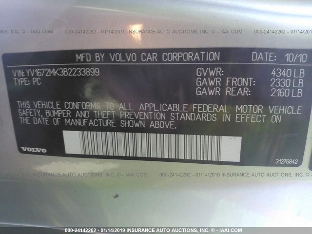 YV1672MK3B2233899 - 2011 VOLVO C30 T5 SILVER photo 9