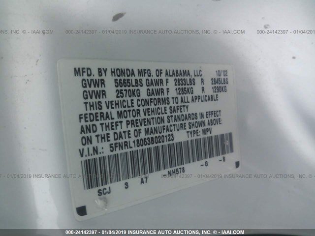 5FNRL18063B020123 - 2003 HONDA ODYSSEY EXL WHITE photo 9