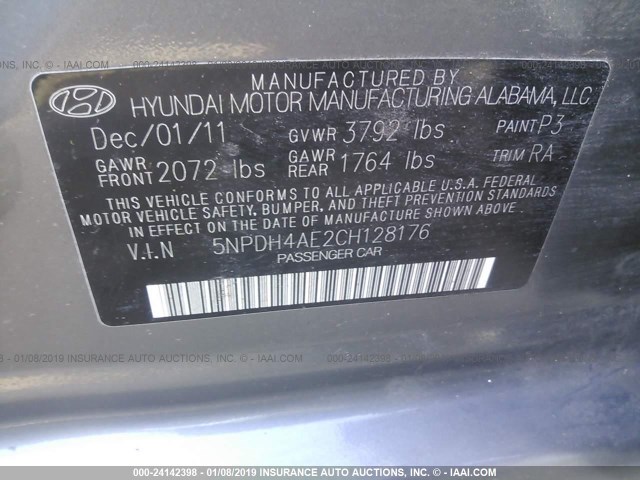 5NPDH4AE2CH128176 - 2012 HYUNDAI ELANTRA GLS/LIMITED GRAY photo 9