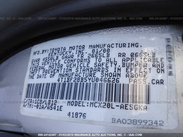 4T1BF28B5YU046626 - 2000 TOYOTA AVALON XL/XLS GRAY photo 9