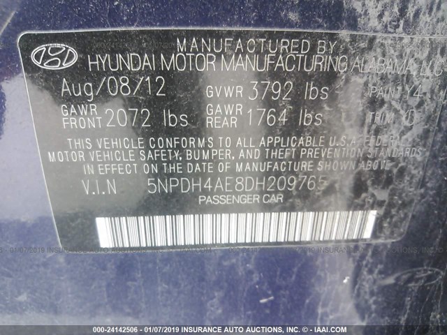 5NPDH4AE8DH209765 - 2013 HYUNDAI ELANTRA BLUE photo 9