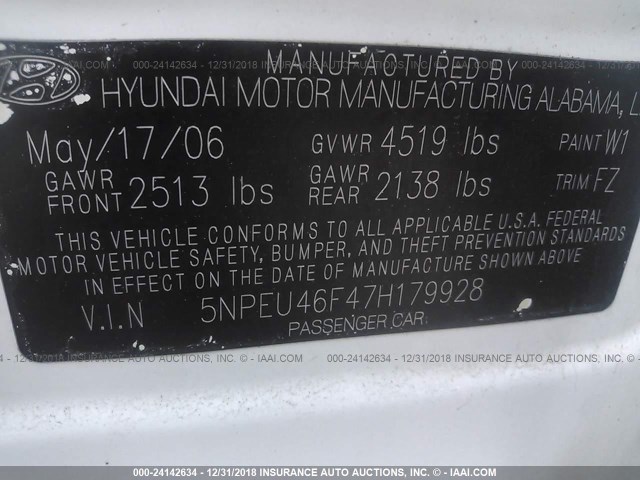 5NPEU46F47H179928 - 2007 HYUNDAI SONATA SE/LIMITED WHITE photo 9