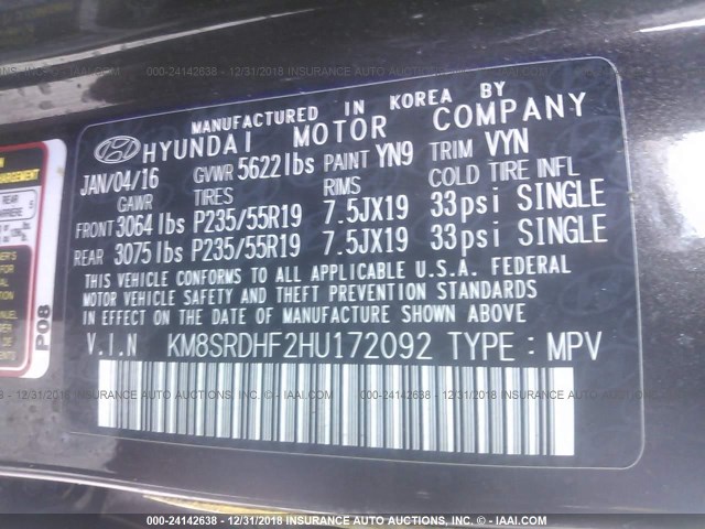 KM8SRDHF2HU172092 - 2017 HYUNDAI SANTA FE SE/LIMITED BROWN photo 9