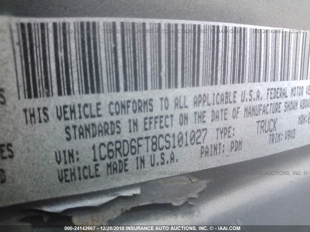 1C6RD6FT8CS101027 - 2012 DODGE RAM 1500 ST GRAY photo 9