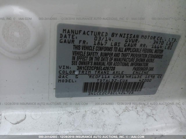 3N1CE2CP8EL426728 - 2014 NISSAN VERSA NOTE S/S PLUS/SV/SL WHITE photo 9