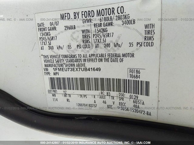 1FMEU73EX7UB41649 - 2007 FORD EXPLORER XLT WHITE photo 9