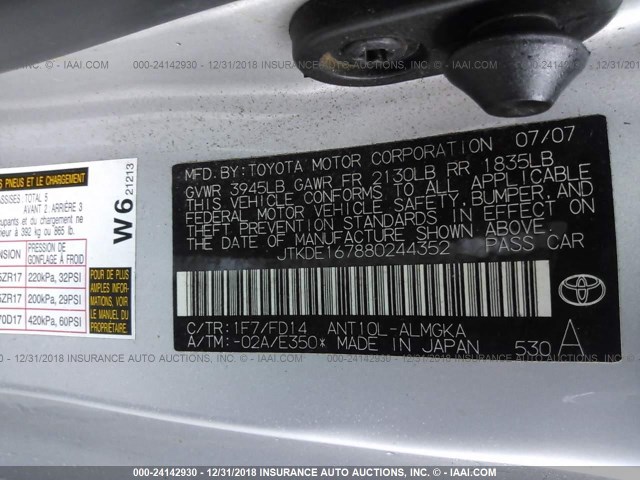 JTKDE167880244352 - 2008 TOYOTA SCION TC 银色 照片 9