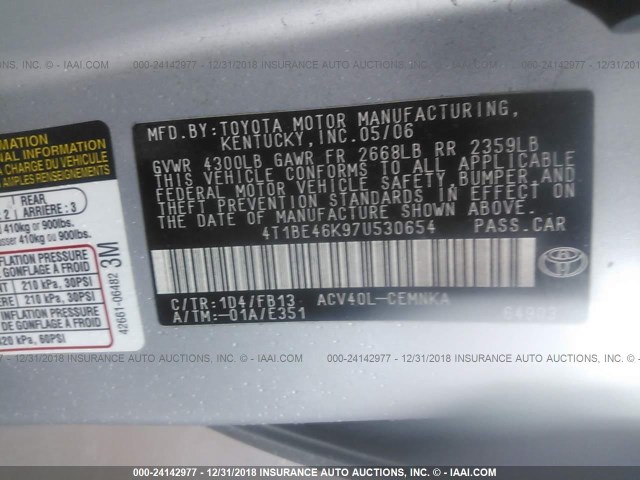 4T1BE46K97U530654 - 2007 TOYOTA CAMRY NEW GENERAT  SILVER photo 9