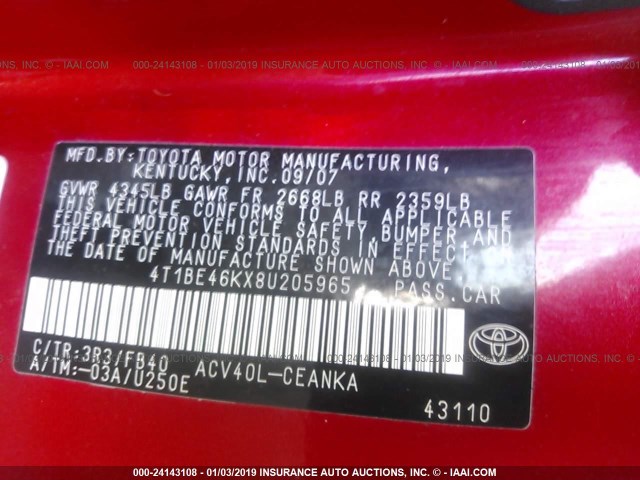 4T1BE46KX8U205965 - 2008 TOYOTA CAMRY CE/LE/XLE/SE RED photo 9