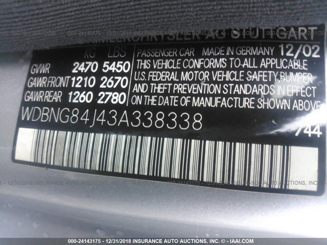 WDBNG84J43A338338 - 2003 MERCEDES-BENZ S 500 4MATIC SILVER photo 9