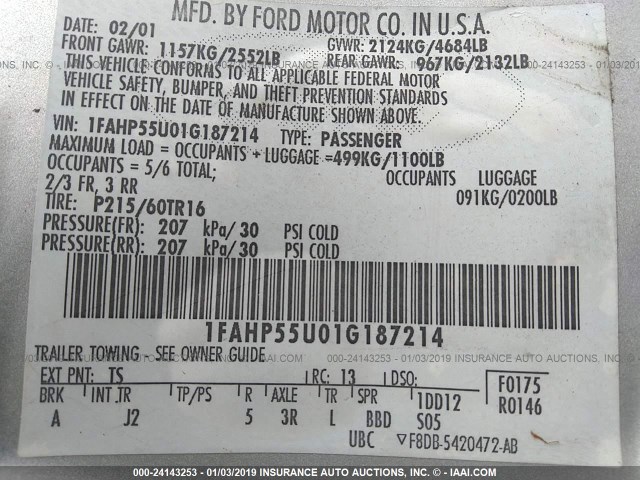 1FAHP55U01G187214 - 2001 FORD TAURUS SES SILVER photo 9