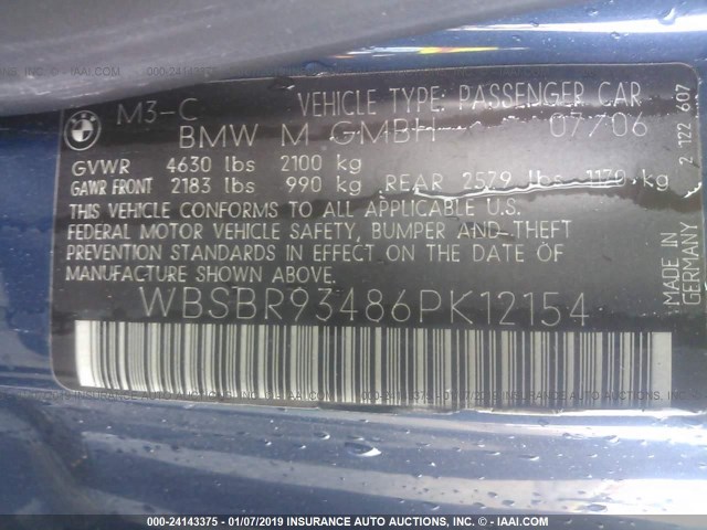 WBSBR93486PK12154 - 2006 BMW M3 BLUE photo 9