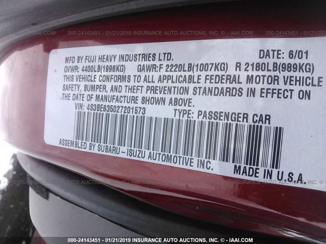 4S3BE635027201573 - 2002 SUBARU LEGACY L RED photo 9