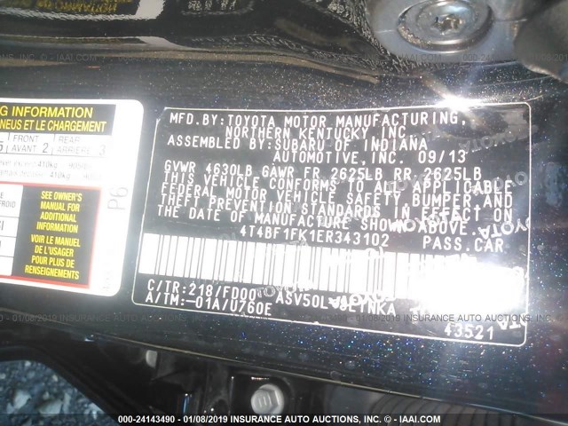 4T4BF1FK1ER343102 - 2014 TOYOTA CAMRY L/SE/LE/XLE 黑色 照片 9