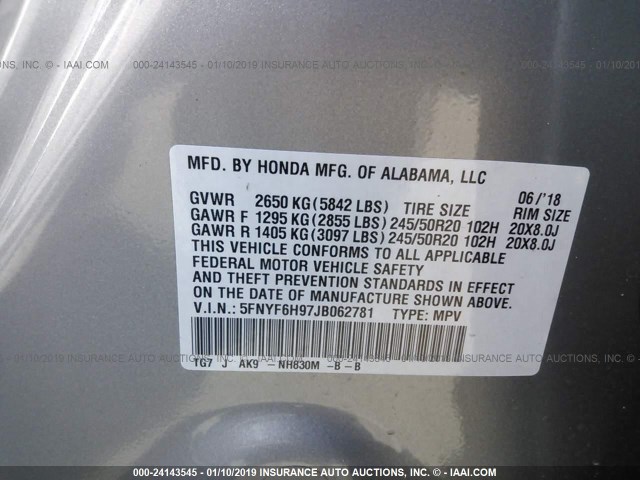 5FNYF6H97JB062781 - 2018 HONDA PILOT TOURING SILVER photo 9