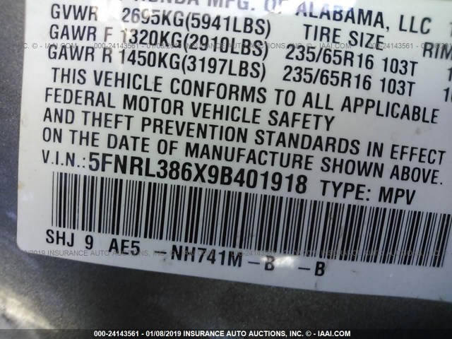 5FNRL386X9B401918 - 2009 HONDA ODYSSEY EXL GRAY photo 9