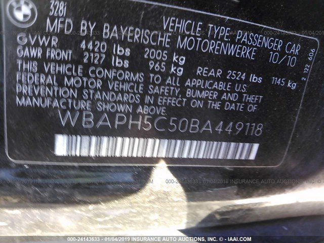 WBAPH5C50BA449118 - 2011 BMW 328 I SULEV BLACK photo 9