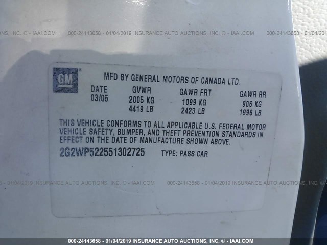 2G2WP522551302725 - 2005 PONTIAC GRAND PRIX WHITE photo 9