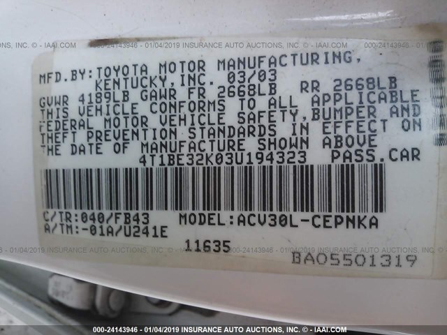 4T1BE32K03U194323 - 2003 TOYOTA CAMRY LE/XLE/SE WHITE photo 9