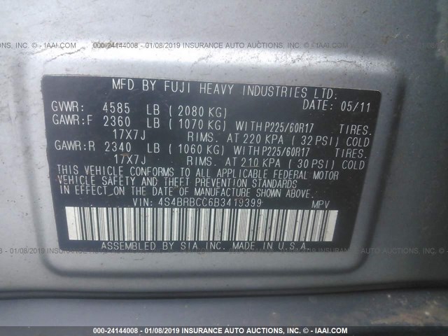 4S4BRBCC6B3419399 - 2011 SUBARU OUTBACK 2.5I PREMIUM SILVER photo 9