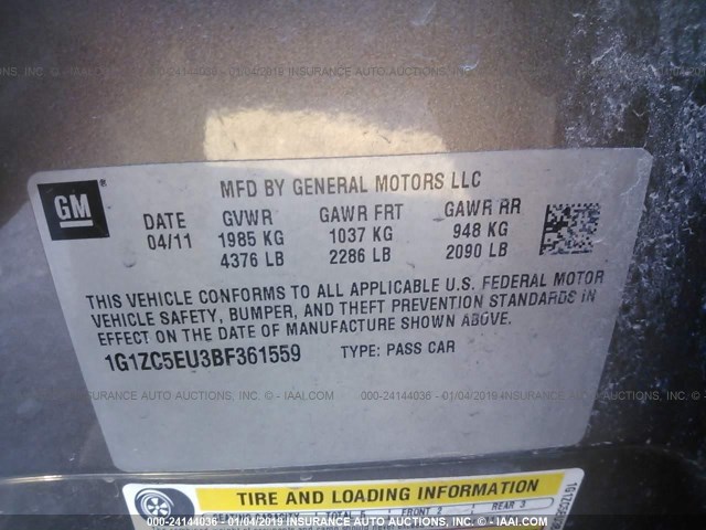 1G1ZC5EU3BF361559 - 2011 CHEVROLET MALIBU 1LT TAN photo 9