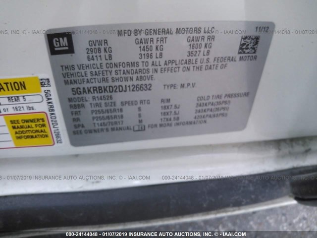 5GAKRBKD2DJ126632 - 2013 BUICK ENCLAVE WHITE photo 9