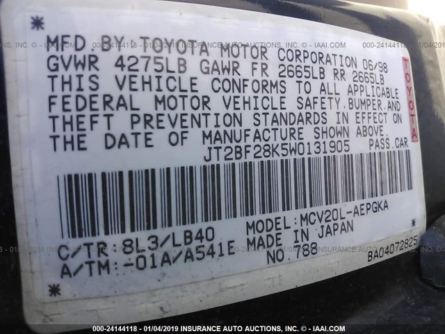 JT2BF28K5W0131905 - 1998 TOYOTA CAMRY LE/XLE BLUE photo 9