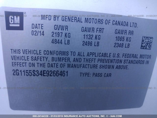 2G1155S34E9266461 - 2014 CHEVROLET IMPALA LTZ WHITE photo 9