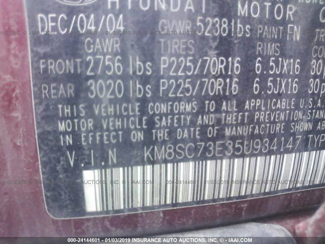 KM8SC73E35U934147 - 2005 HYUNDAI SANTA FE GLS/LX RED photo 9