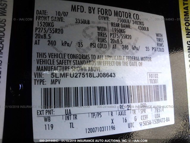 5LMFU27518LJ08643 - 2008 LINCOLN NAVIGATOR BLACK photo 9