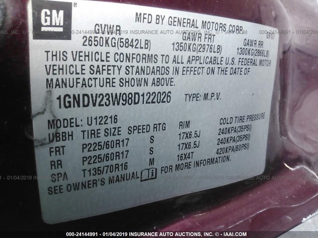 1GNDV23W98D122026 - 2008 CHEVROLET UPLANDER LS MAROON photo 9