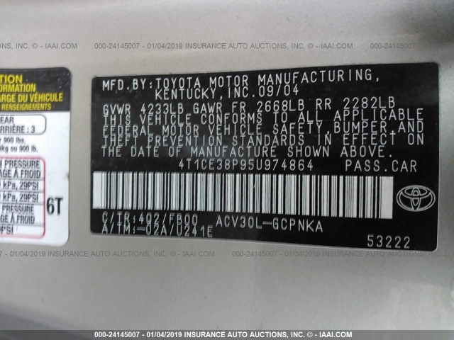 4T1CE38P95U974864 - 2005 TOYOTA CAMRY SOLARA SE/SLE GRAY photo 9