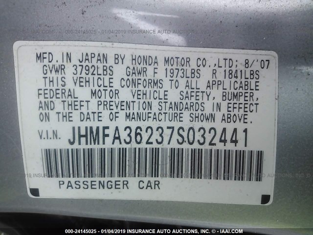 JHMFA36237S032441 - 2007 HONDA CIVIC HYBRID SILVER photo 9