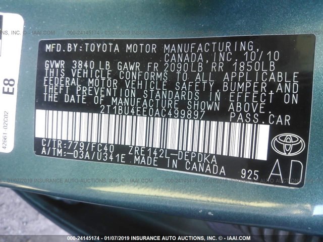 2T1BU4EE0AC499897 - 2010 TOYOTA COROLLA S/LE/XLE GREEN photo 9