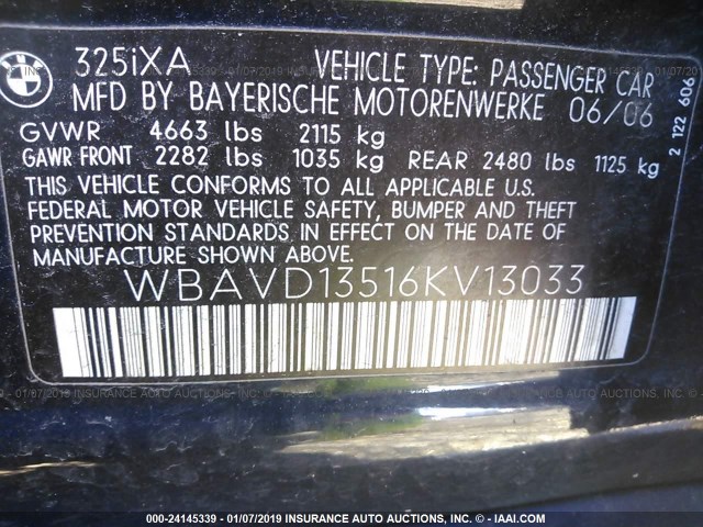WBAVD13516KV13033 - 2006 BMW 325 XI 蓝色 照片 9
