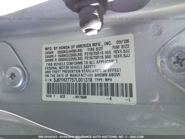 5J6YH27757L001318 - 2007 HONDA ELEMENT EX SILVER photo 9