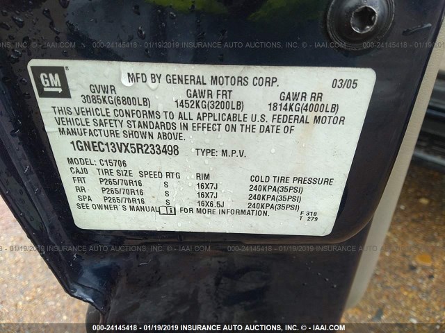 1GNEC13VX5R233498 - 2005 CHEVROLET TAHOE C1500 黑色 照片 9