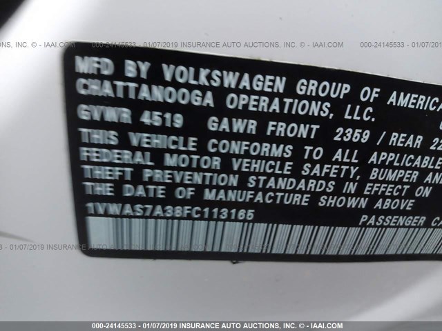 1VWAS7A38FC113165 - 2015 VOLKSWAGEN PASSAT S WHITE photo 9