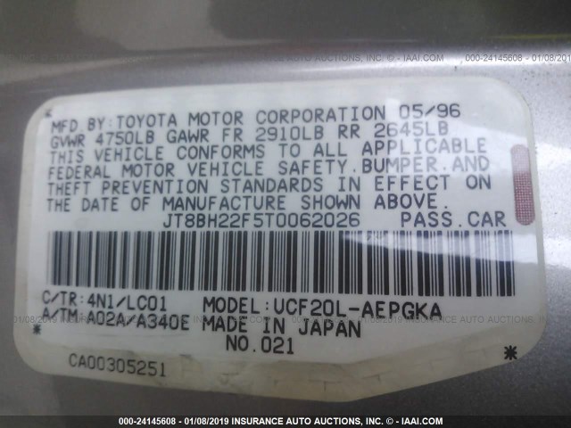 JT8BH22F5T0062026 - 1996 LEXUS LS 400 GRAY photo 9