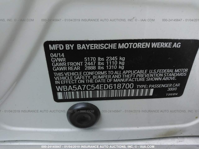 WBA5A7C54ED618700 - 2014 BMW 528 XI WHITE photo 9