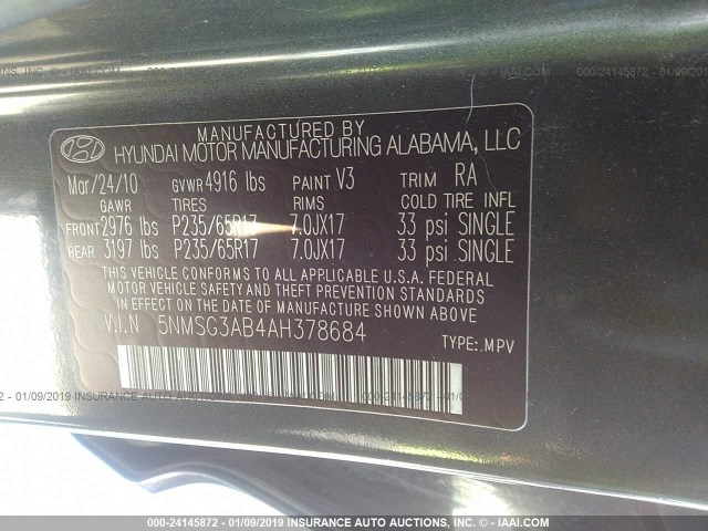 5NMSG3AB4AH378684 - 2010 HYUNDAI SANTA FE GLS GRAY photo 9