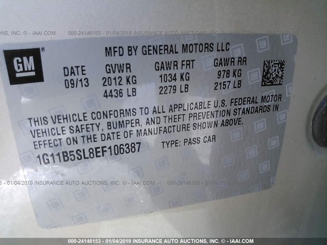 1G11B5SL8EF106387 - 2014 CHEVROLET MALIBU LS თაფლისფერი ფოტო 9