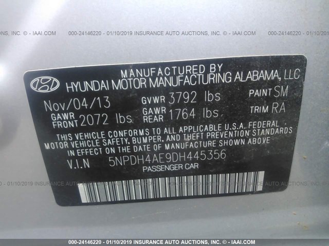 5NPDH4AE9DH445356 - 2013 HYUNDAI ELANTRA GLS/LIMITED SILVER photo 9