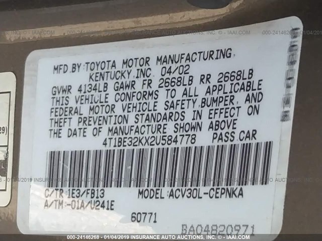 4T1BE32KX2U584778 - 2002 TOYOTA CAMRY LE/XLE/SE GRAY photo 9