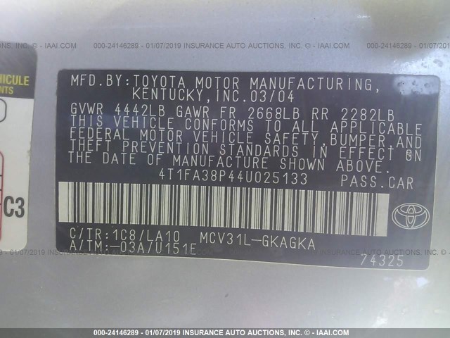 4T1FA38P44U025133 - 2004 TOYOTA CAMRY SOLARA SE/SLE SILVER photo 9