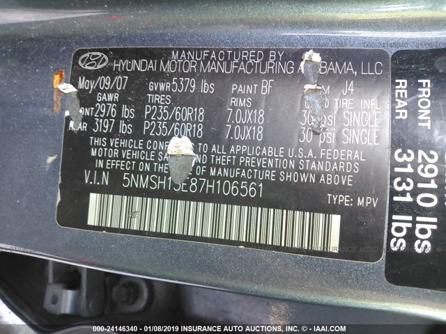 5NMSH13E87H106561 - 2007 HYUNDAI SANTA FE SE/LIMITED BLUE photo 9