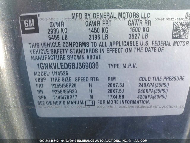 1GNKVLED6BJ369036 - 2011 CHEVROLET TRAVERSE LTZ GRAY photo 9