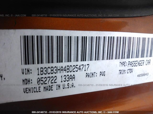 1B3CB3HA4BD254717 - 2011 DODGE CALIBER MAINSTREET ORANGE photo 9