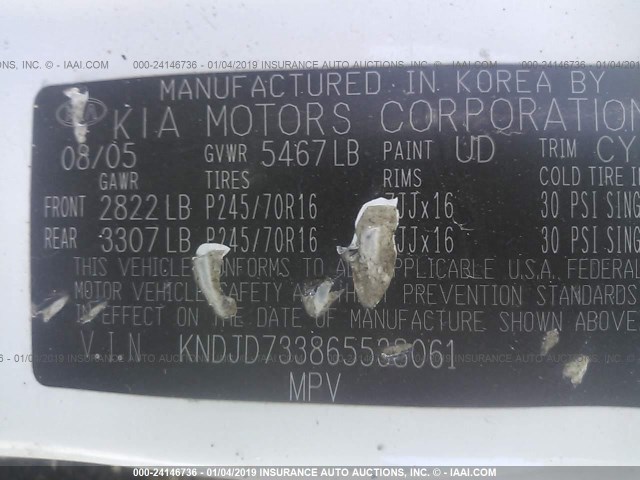 KNDJD733865538061 - 2006 KIA SORENTO EX/LX WHITE photo 9